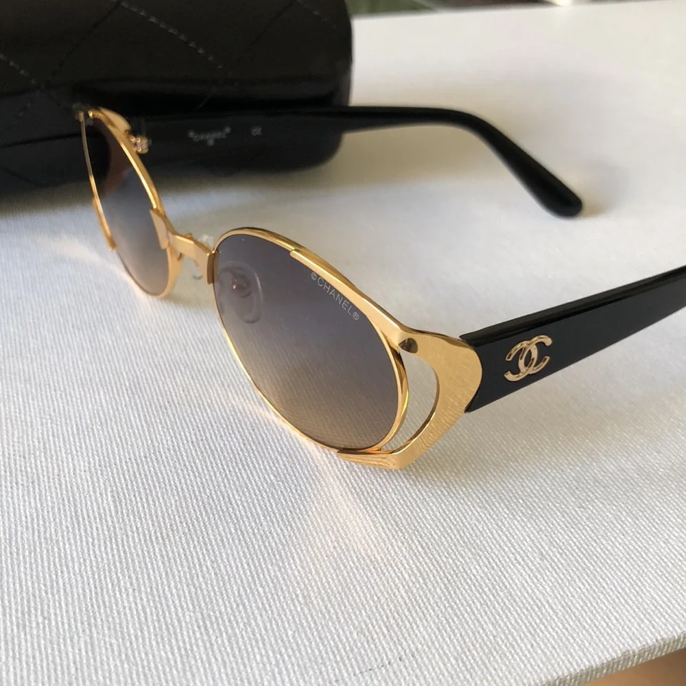 Chanel Gold Metal Round Sunglasses with Black Case